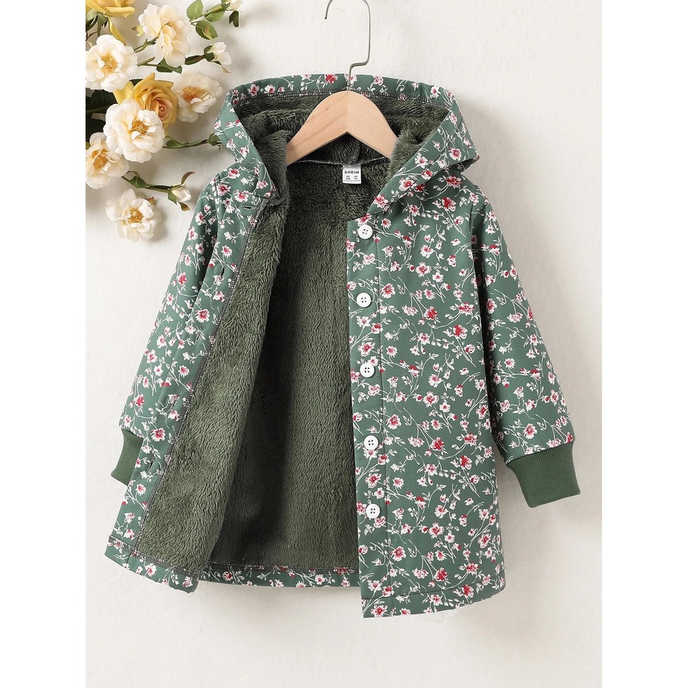 Girls 5-6Y Floral Hooded Sherpa Lined Coat Green Quilted Cottagecore Jacket